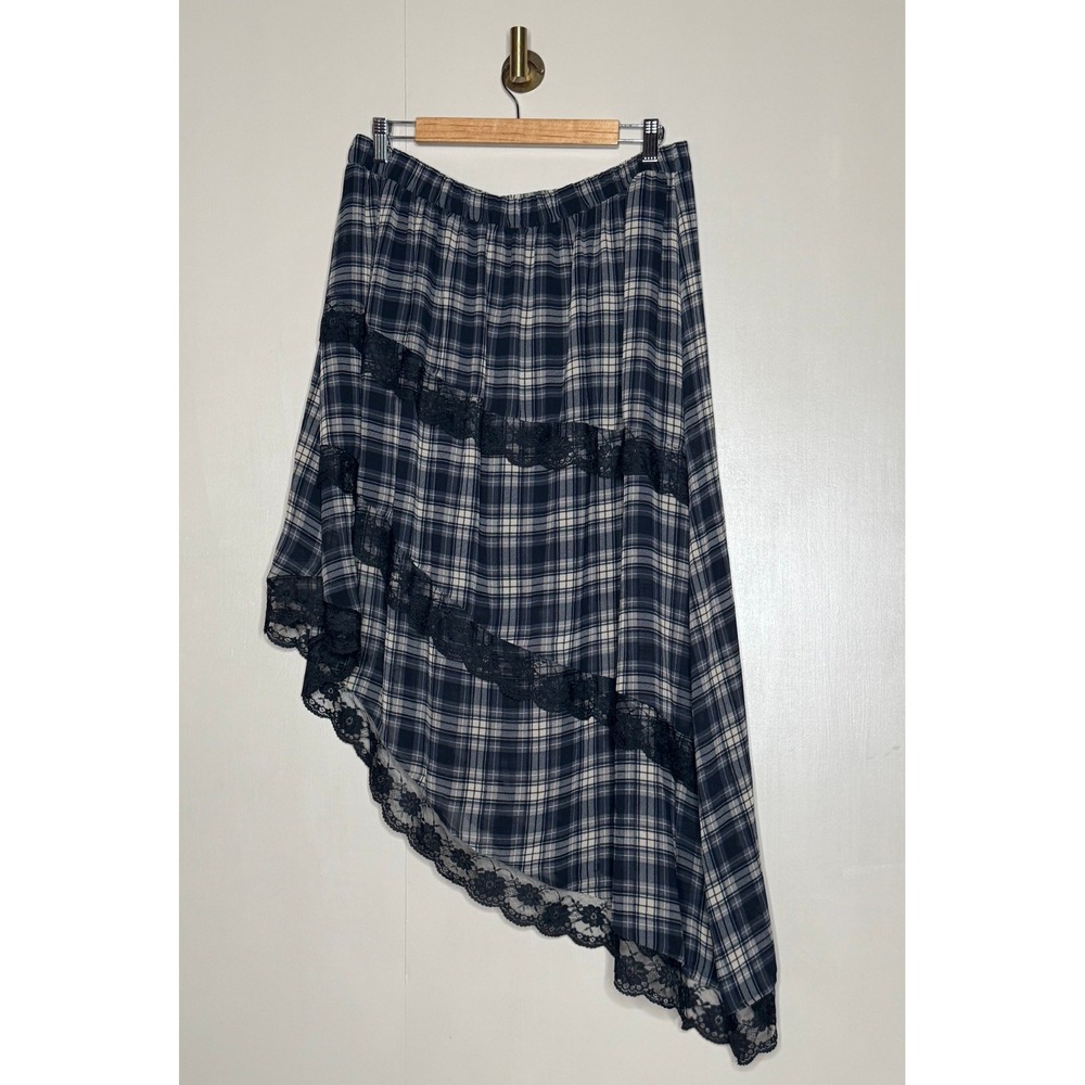 Plaid Lace Asymmetrical Maxi Skirt Y2K Grunge Fairycore Large Wild Fable - Picture 2 of 9
